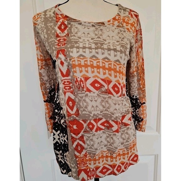 NIC+ZOE Tops - NIC+ZOE Womens Orange Geometric Tribal Print Linen Blend Knit Tunic Top Small